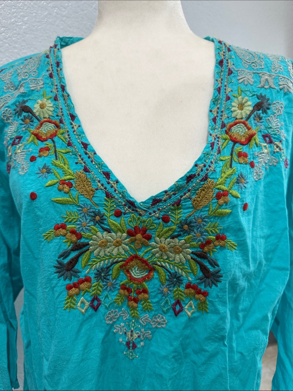 Johnny Was Turquoise Embroidered V-Neck Tunic